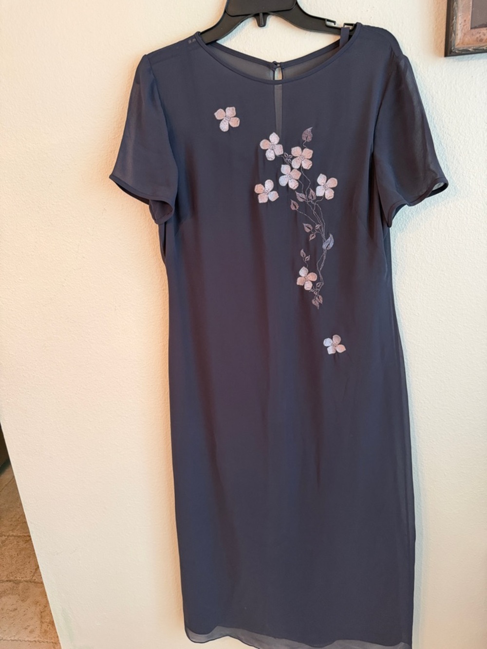 Talbots Navy Maxi Dress with Light Pink Floral Embroidery